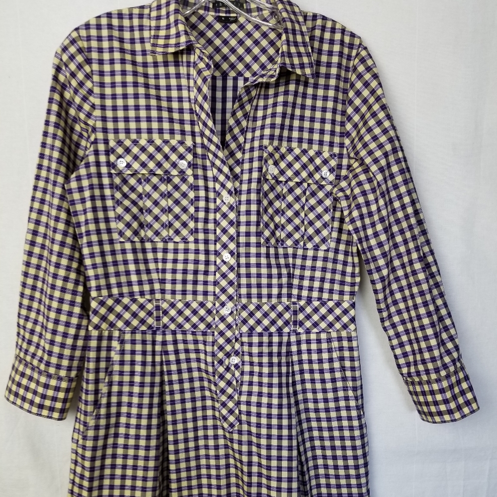 Theory Lidiya Purple Yellow Check Cotton Long Sleeve Shirt Dress Size 6 - Picture 2 of 14